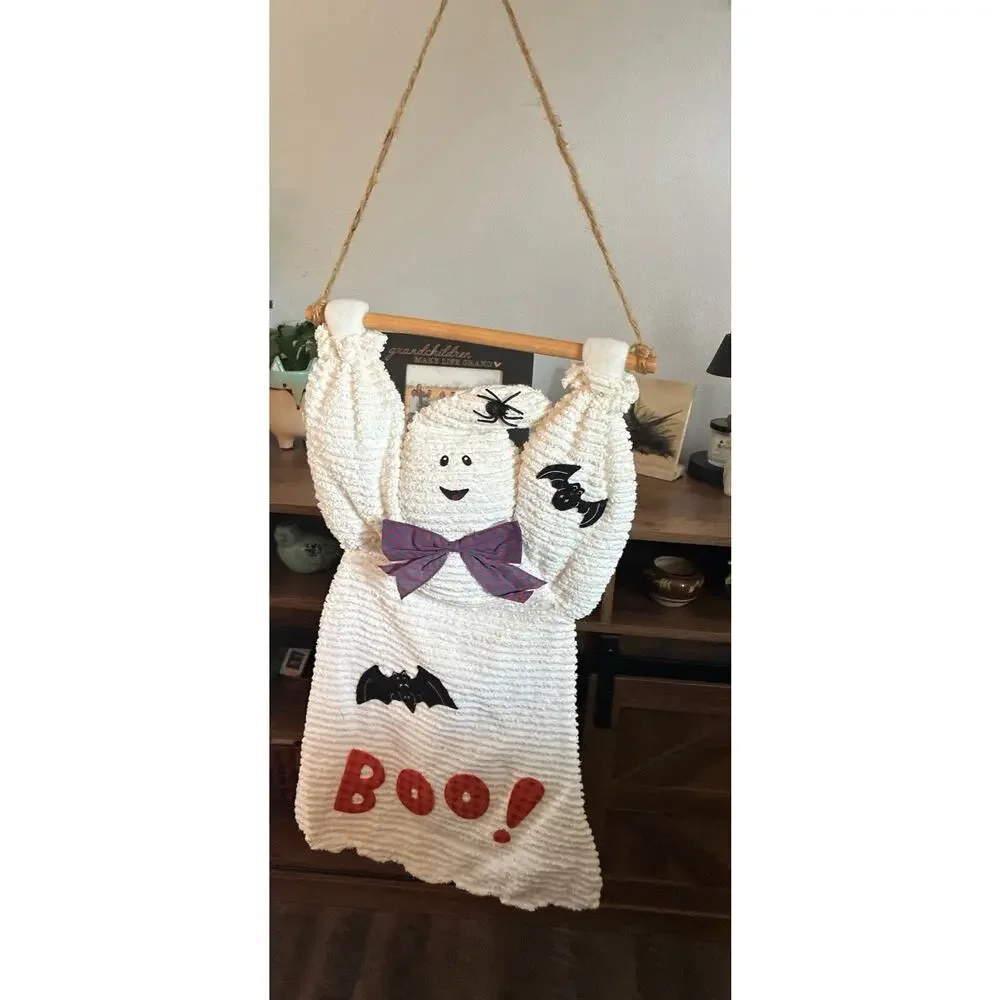 Vtg BOO White Chenille 3D Ghost Spider Attached Wooden Dowel & Hanger Bats Bow